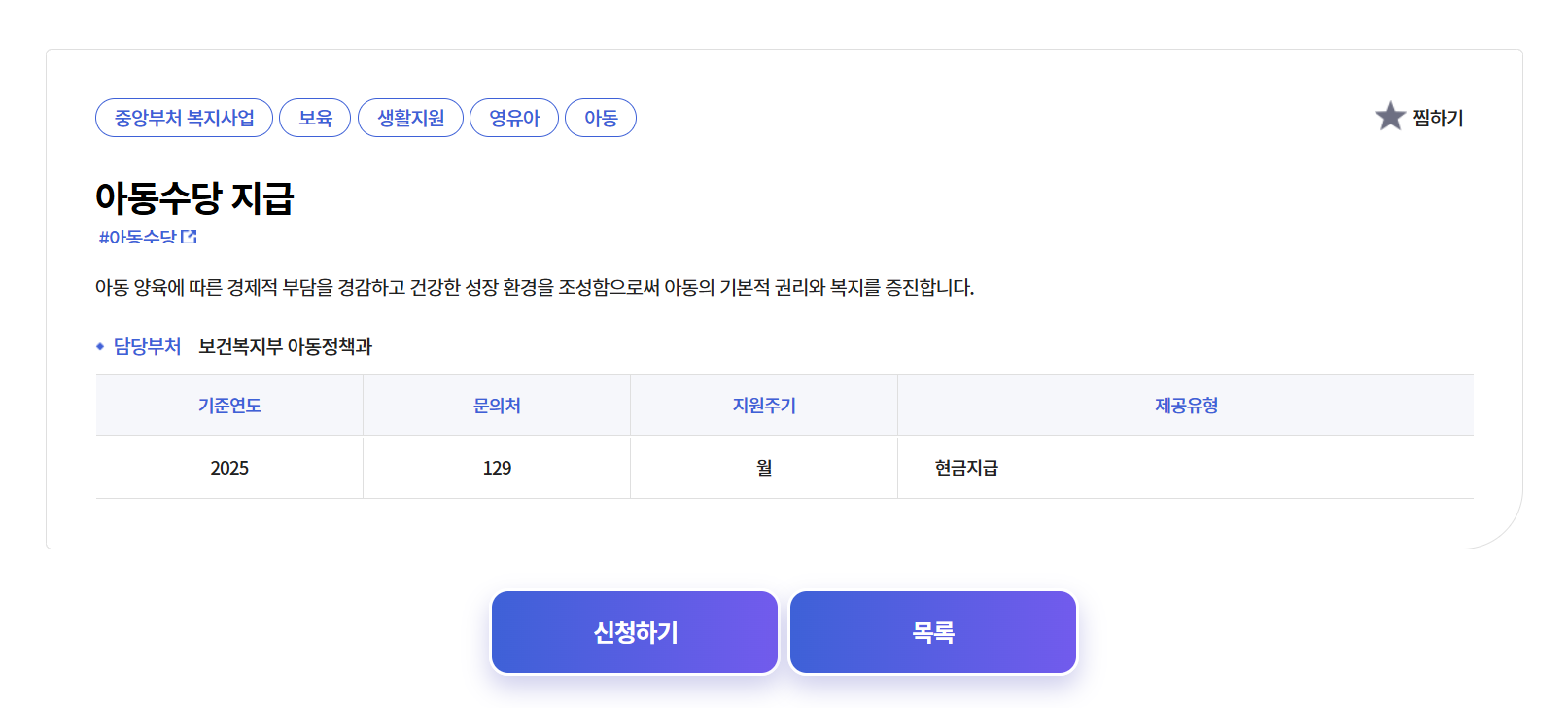 2026 아동수당 지급 안내 화면으로, 중앙부처 복지사업 페이지에서 지원주기 월, 현금지급 방식, 문의처 129, 신청하기 버튼이 표시된 화면