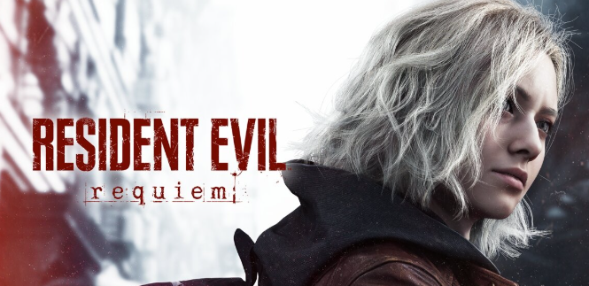바이오하자드 레퀴엠의 주인공 그레이스의 서늘한 표정과 RESIDENT EVIL requiem 타이틀 로고가 새겨진 메인 이미지